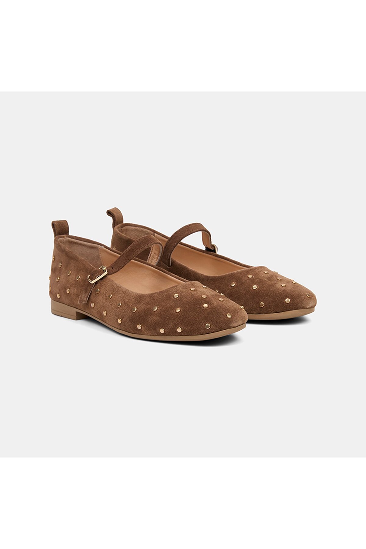 Women's Coffee Mini Staple Detailed Suede Mary Jane Flat Shoes