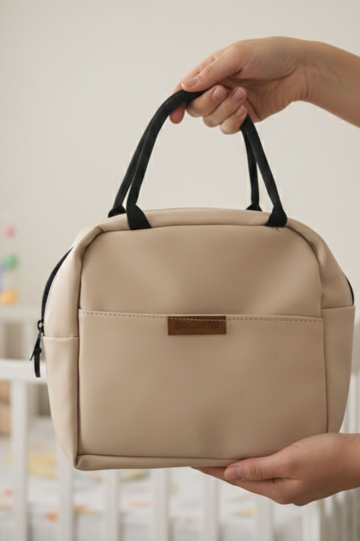 Bagimoo Isı Yalıtımlı Su Geçirmez Termal Çanta Yemek Taşıma Beslenme Çantası Askılı Bej Suni Deri fotoğrafı 2 (önizleme)