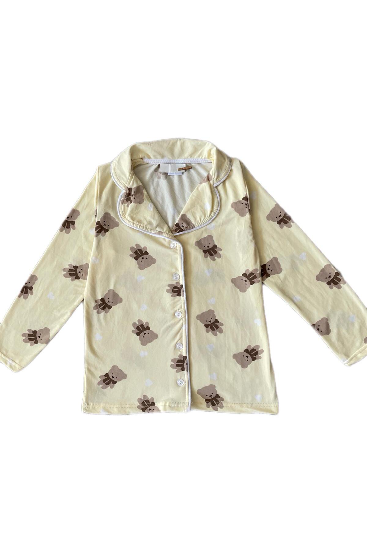 byalisdmr KIZ ÇOCUK PİJAMA TAKIMI AYICIK DESEN YAZLIK %100 PAMUK MİLAN KUMAŞ BİYE DETAY GÖMLEK YAKA fotoğrafı 4 (önizleme)