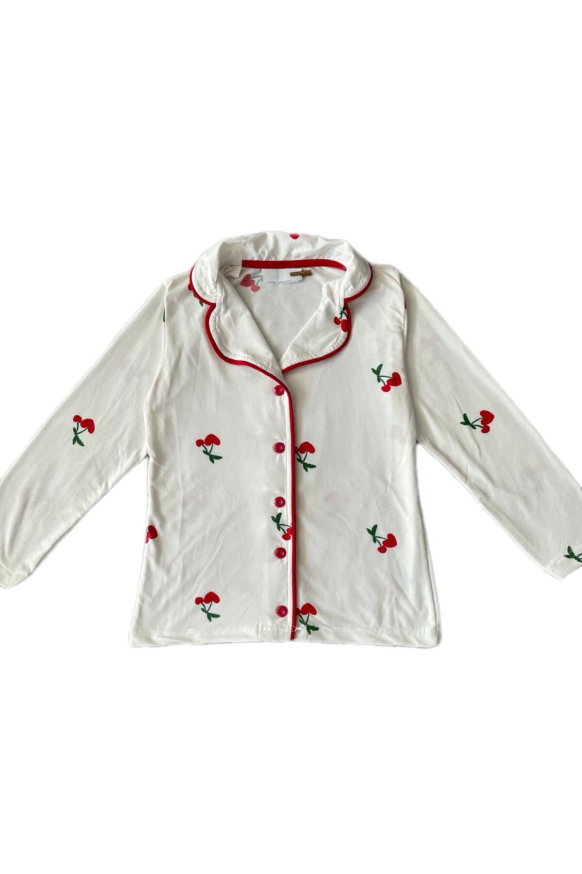 byalisdmr KIZ ÇOCUK PİJAMA TAKIMI YAZLIK %100 PAMUK MİLAN KUMAŞ KİRAZ DESEN BİYE DETAY GÖMLEK YAKA fotoğrafı 4 (önizleme)