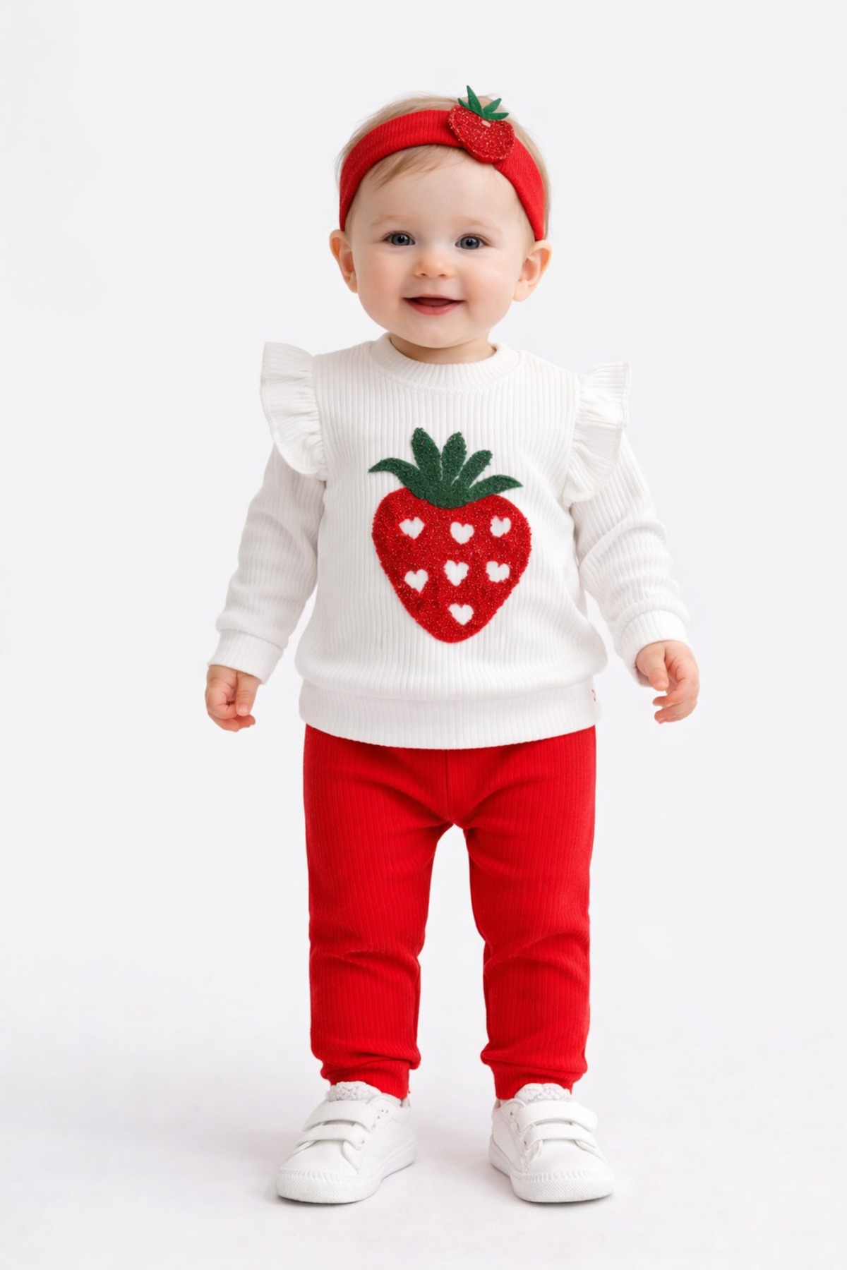 mini kanka Kız Bebek Çilek Desenli Alt Üst Takım Pamuklu Uzun Kollu Bluz&Pantolon Saç Bantlı 3’lü Set 0-24 AY fotoğrafı 3 (önizleme)