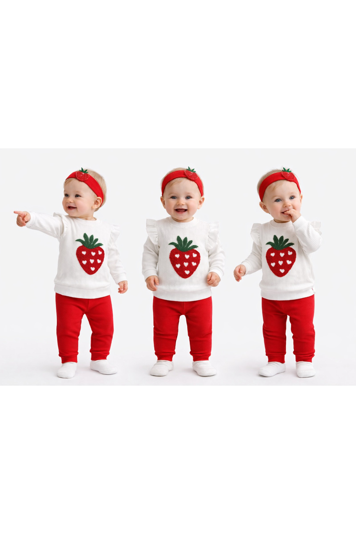 mini kanka Kız Bebek Çilek Desenli Alt Üst Takım Pamuklu Uzun Kollu Bluz&Pantolon Saç Bantlı 3’lü Set 0-24 AY fotoğrafı 2 (önizleme)