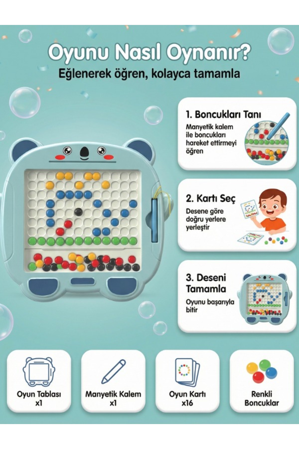 toysmilla Manyetik Çizim Tablası 16 Oyun Kartı Mıknatıslı Kalem Desen Tamamlama Eğitici Oyuncak Montessori fotoğrafı 4 (önizleme)