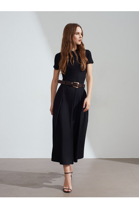 Dilvin 81074 Kemerli Pileli Midi Etek-Siyah