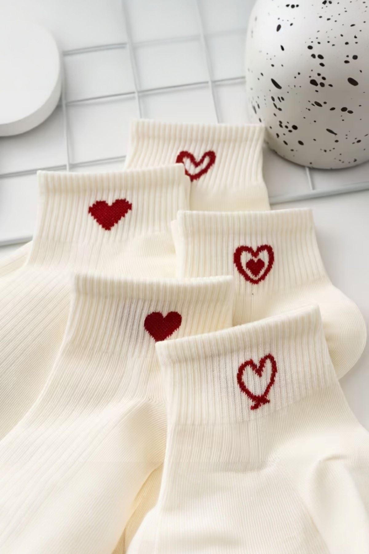 Hitit Socks Kadın 5 Çift Kalp Desenli Kısa Patik Çorap Ekru görsel 4