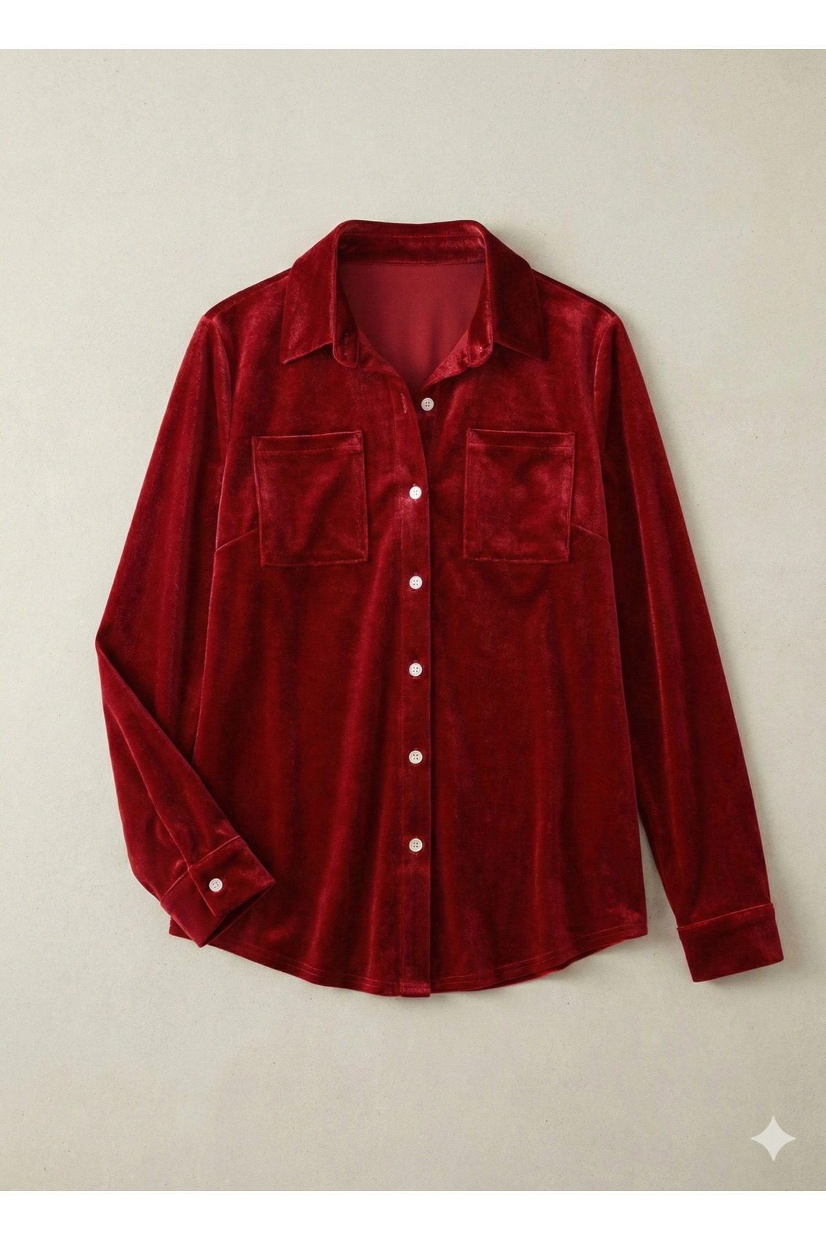 GETFAY Kadın Uzun Kollu Yakalı önden Düğmeli Cep Detaylı Kadife Gömlek - Kırmızı / L-XL fotoğrafı 3 (önizleme)