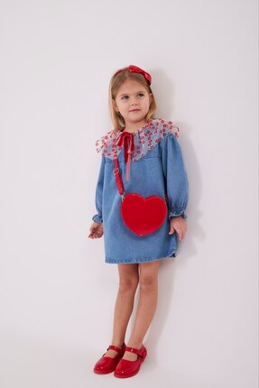 COLORED BABY Kız Çocuk Çiçekli Tül Yaka Detaylı Kot Elbise