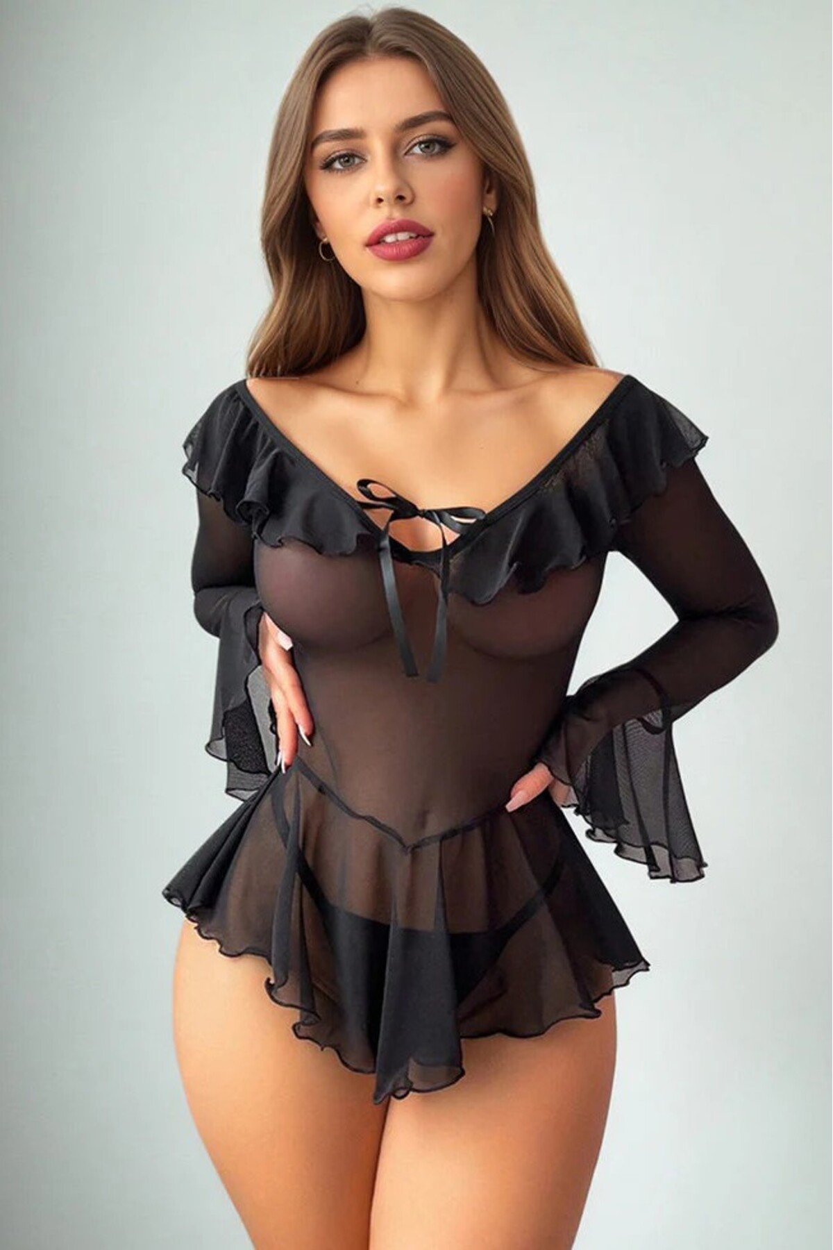 Lingeretta Kadın Siyah Romantik Likralı Tül Şık Gecelik Özel Gece Kıyafeti