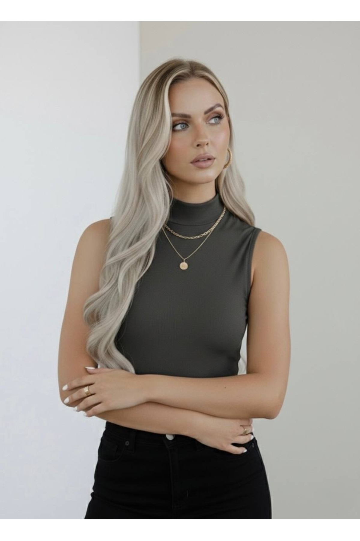 Women's Zero Sleeve Sleeveless Body VISCOSE Turtleneck Body Blouse