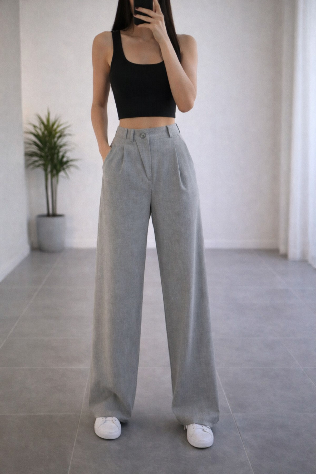 mor butik  Kadın Gri Palazzo Pantolon Yüksek Bel, Geniş Paça, Günlük@Ofis Şıklığı Myth010001 - Görsel 3