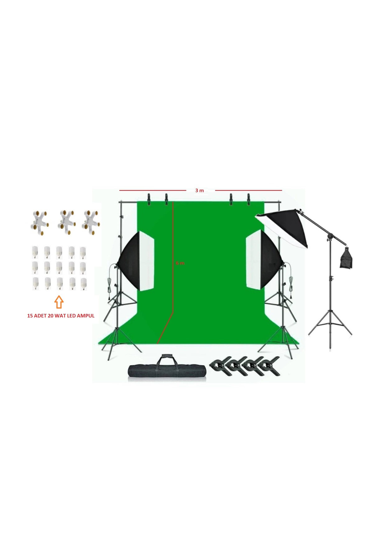 3x6 metre chromakey green screen greenbox yeşil fon perde çekim Seti full set 5 duylu softbox