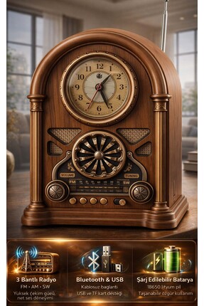 FaroxTech Antika Tasarımlı 3 Bantlı (AM/FM/SW) Radyo ve Dekoratif Masa Saati