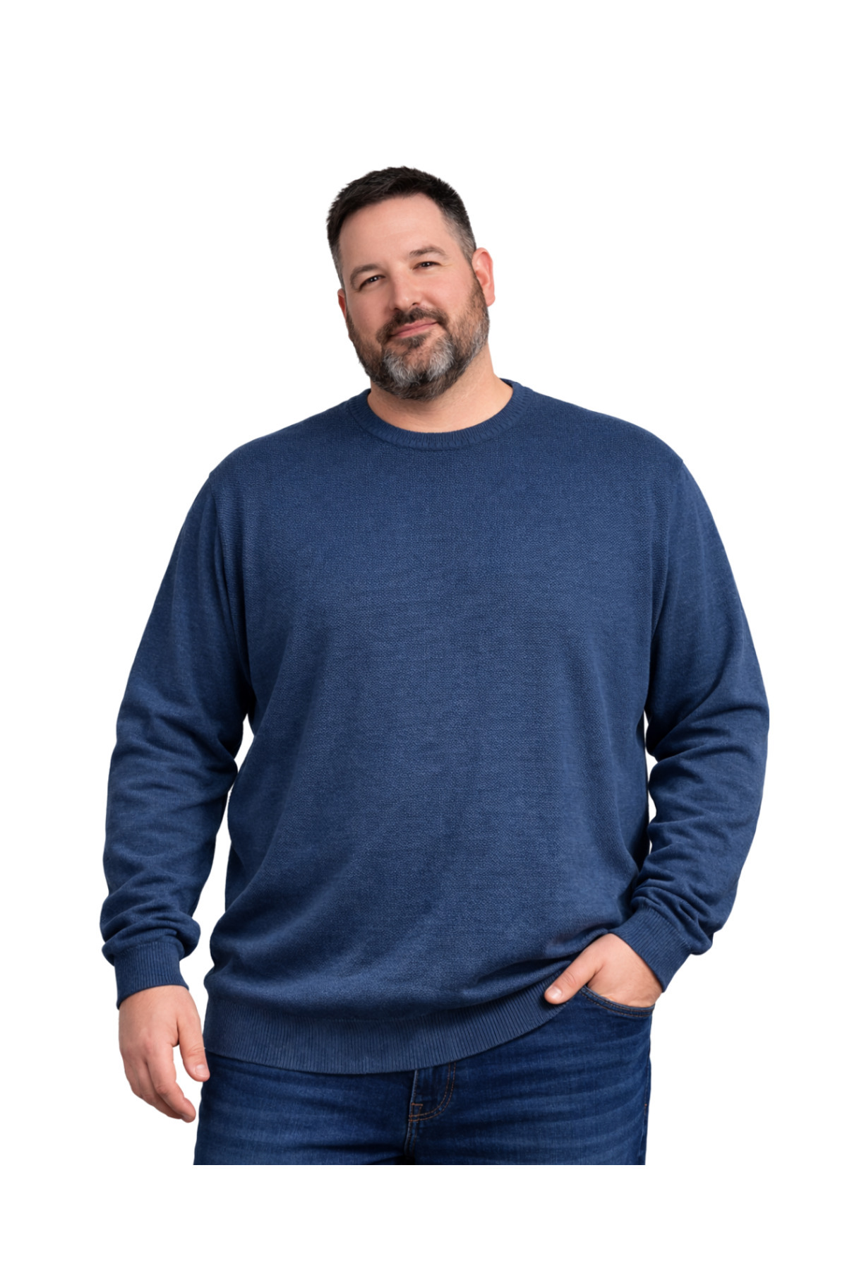 BattalModa Erkek Büyük Beden İndigo Bisiklet Yaka Triko Kazak 5XL-6XL-7XL-8XL