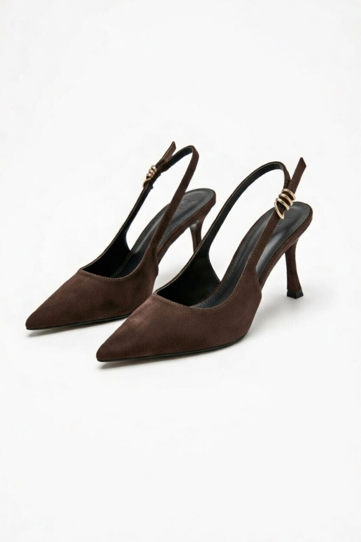 FRZZ  Sivri Burun Arkası Açık tokalı kahve süet Kadın Topuklu Ayakkabı