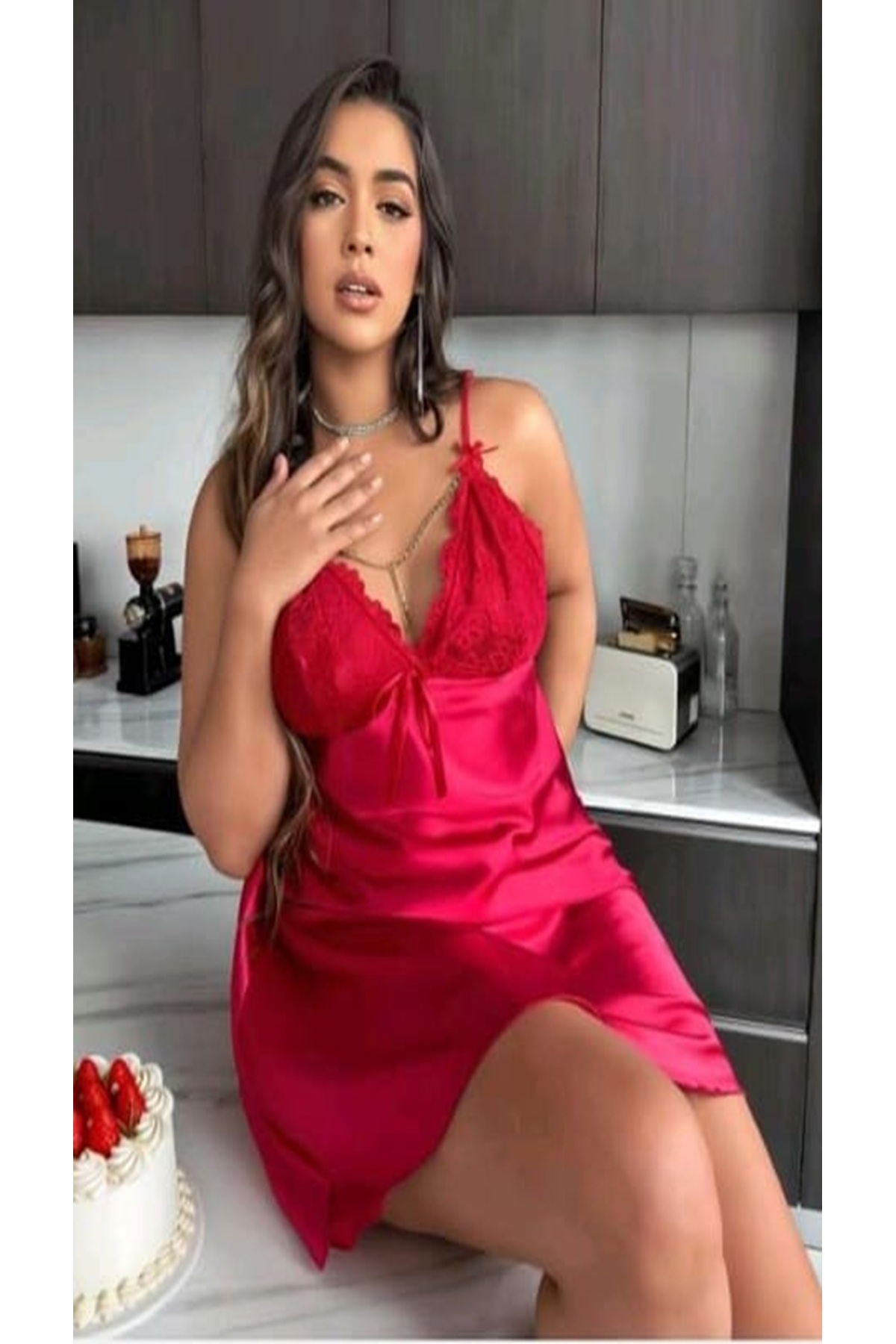 wear treasure Büyük Beden Tül Detaylı Saten Gecelik – 2XL-3XL