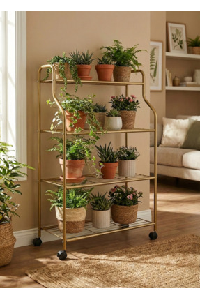 ARVİONHOME Gold Tekerlekli 4 Katlı Metal Çiçeklik Standı: Çok Amaçlı Mutfak,K...