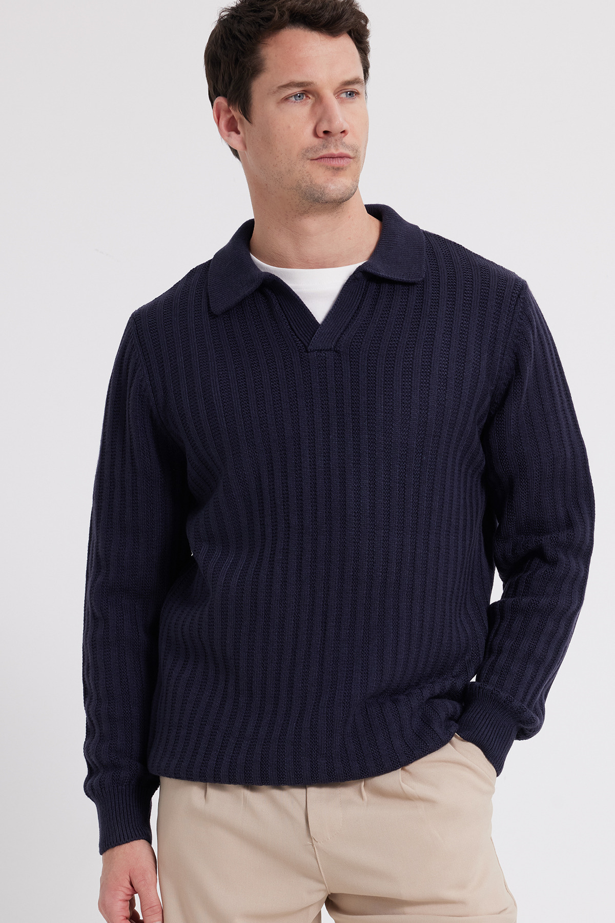 Tudors  Erkek Standart Fit Normal Kesim Polo Yaka Lacivert Kazak