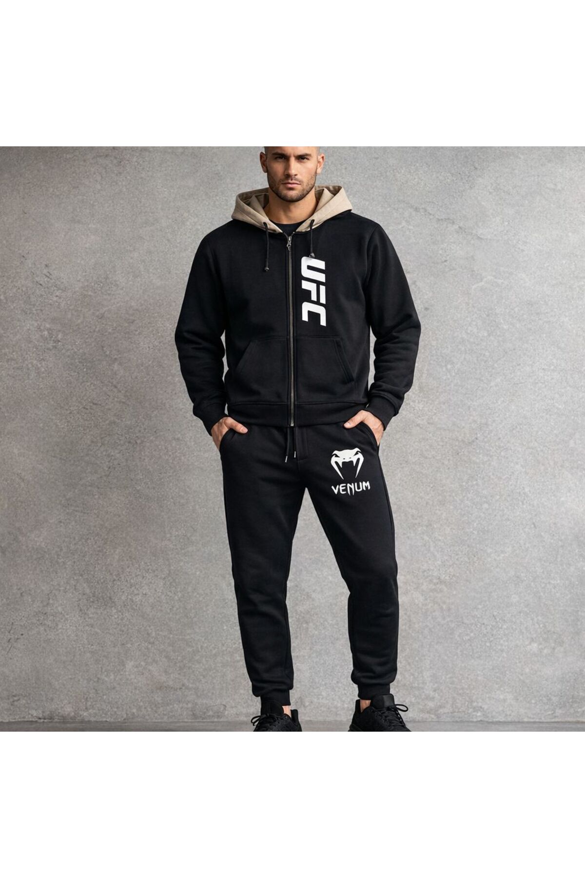 UFC & Venum Erkek Eşofman Takımı Kapüşonlu Fermuarlı Çift Renk Premium Spor Kombin ve Günlük Giyim — مشکی ufcvaryant2 — تصویر 4 از 5