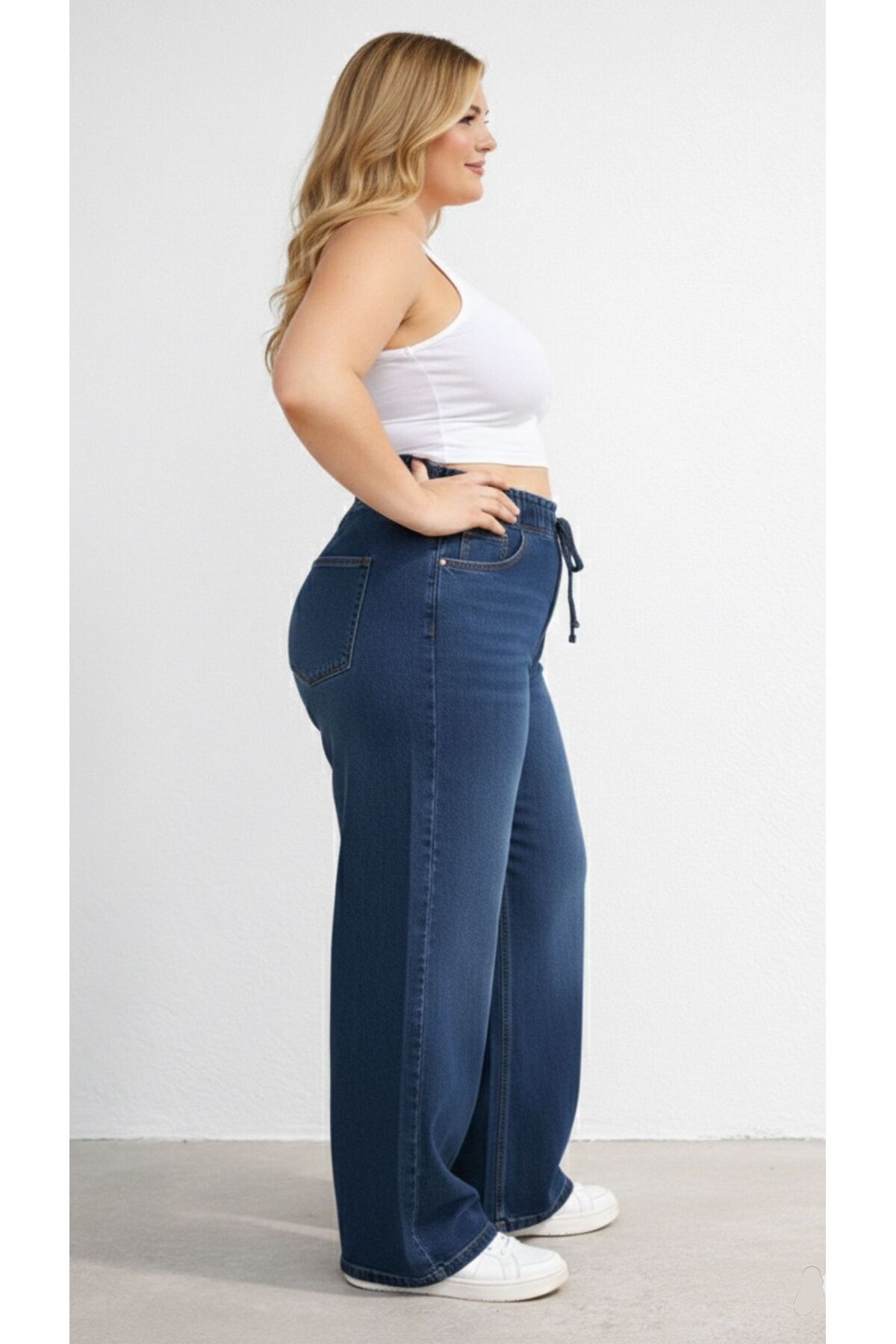 nd jeans  Yeni Sezon-Yüksek Bel Lastikli Koyu Mavi Wide Leg Pantolon - Esnek ve Rahat Kesim Jean - Görsel 4