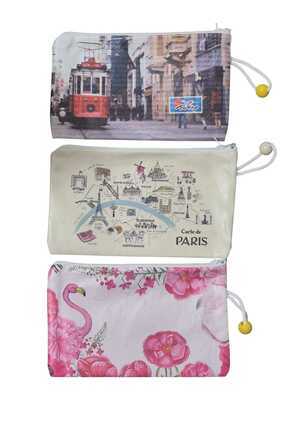 TGD_Designs Londan ve İstanbul Baskılı 3'Lü Makyaj Çantası Avantaj Seti, Kale...