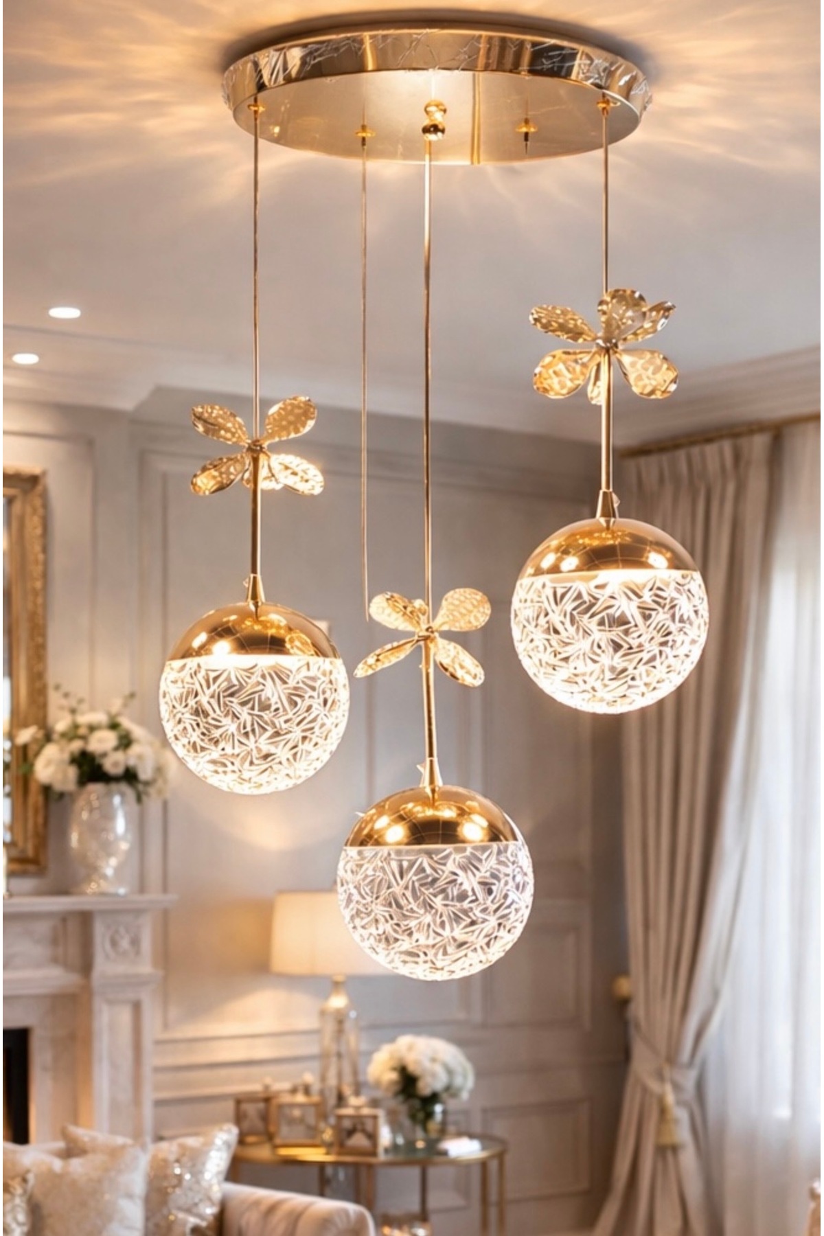 Bruce Triple Pendant Shiny Gold Yellow Chandelier Daylight with Power Led Butterfly