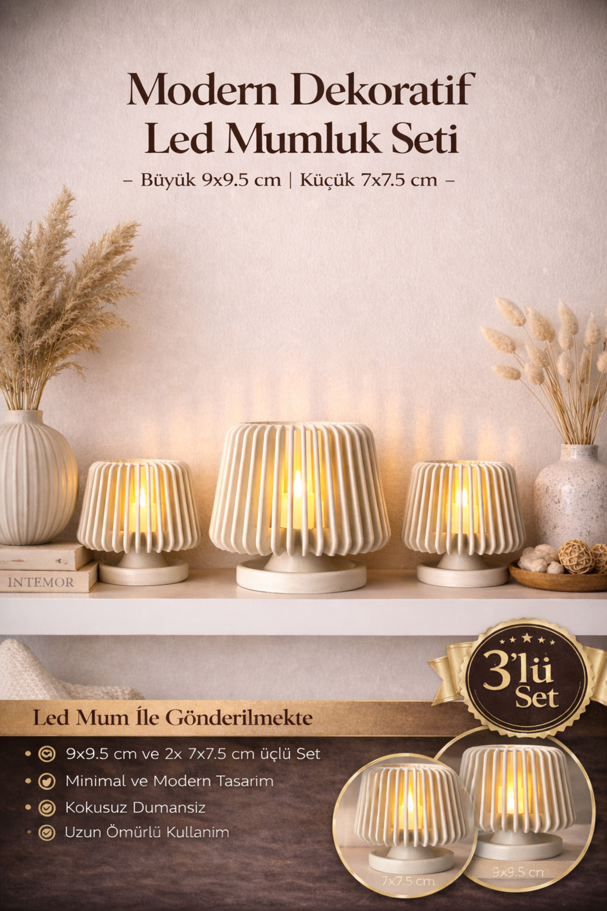 Modern Decorative led Candle Holder Set of 3 – Minimal Design, Led Candle Included (9x9.5 cm + 2x 7x7.5 cm)