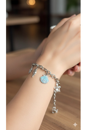 Sâden Collection Gümüş Renk Deniz Temalı Charm Bileklik - Turkuaz İstiridye V...