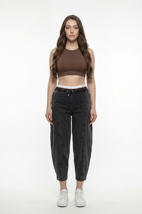 EXİTLİNE Kadın Siyah Sezonluk Beli Ribanalı Ve Lastikli Aksesaurlı Baggy Deni...