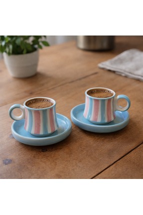 Ceramillion Pastel Candy Serisi Çizgili 2'li Türk Kahvesi Fincanı Seti El Boy...