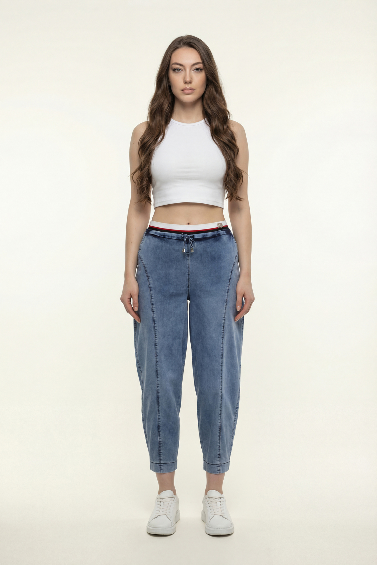 EXİTLİNE  Kadın Lacivert Sezonluk Beli Ribanalı Ve Lastikli Aksesaurlı Baggy Denim Pantolon