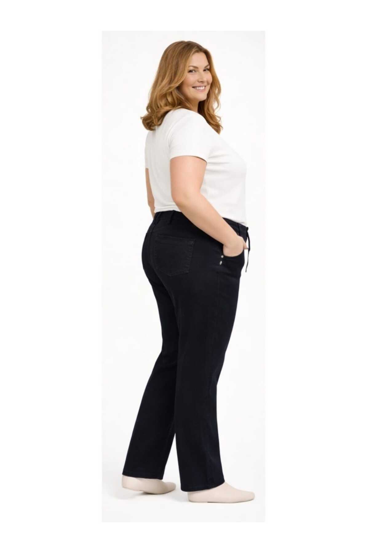 BİrHoşButik BÜYÜK BEDEN FULL LİKRALI BELİ LASTİKLİ SEZONLUK DÜĞMELİ TREND RAHAT YÜKSEK BEL CEPLİ KOT PANTOLON görsel 5