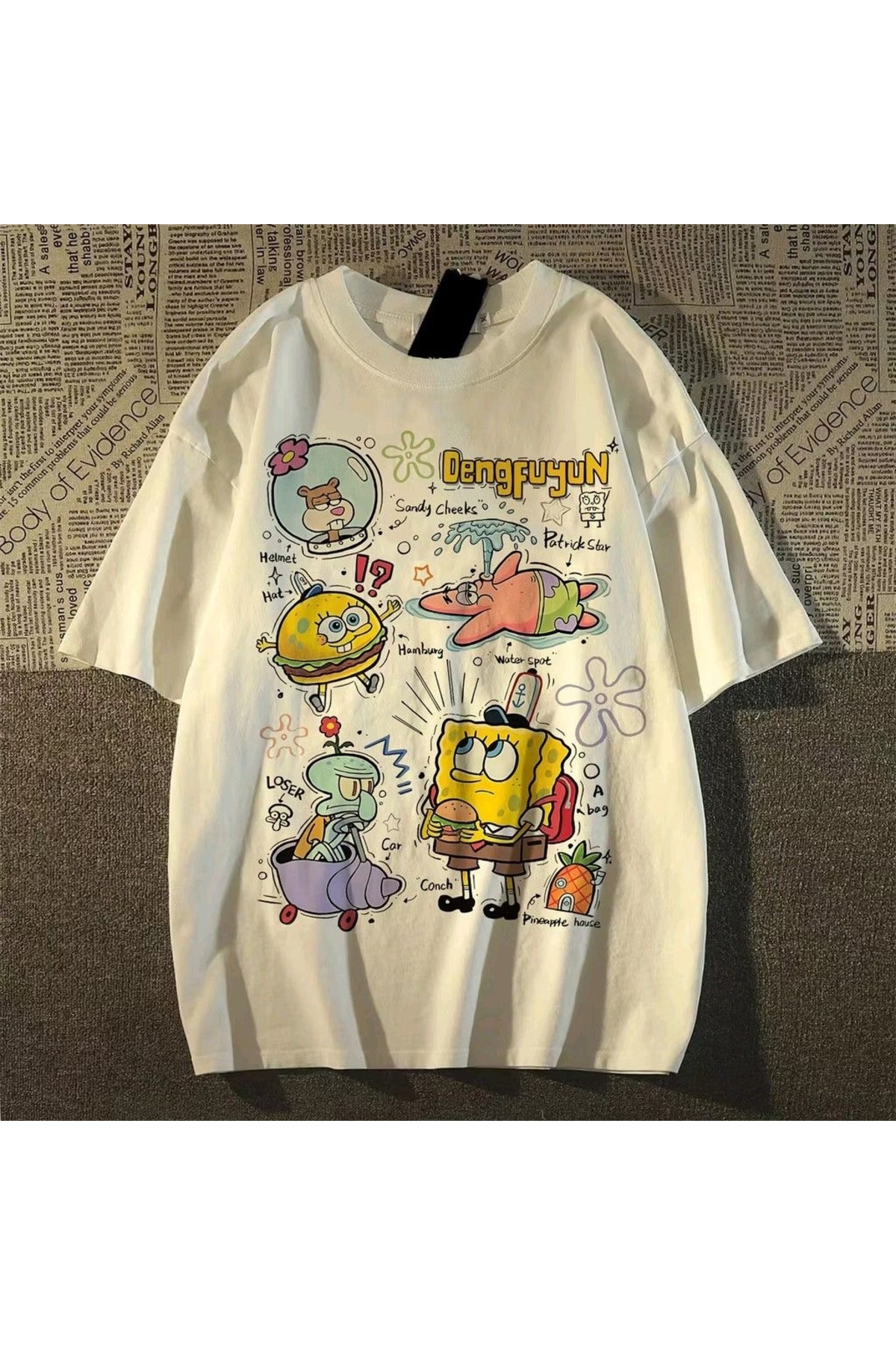 Vordevia Sponge Bob Baskılı Beyaz Oversize Unisex T-Shirt Basic Rahat Kalıp Günlük Tshirt