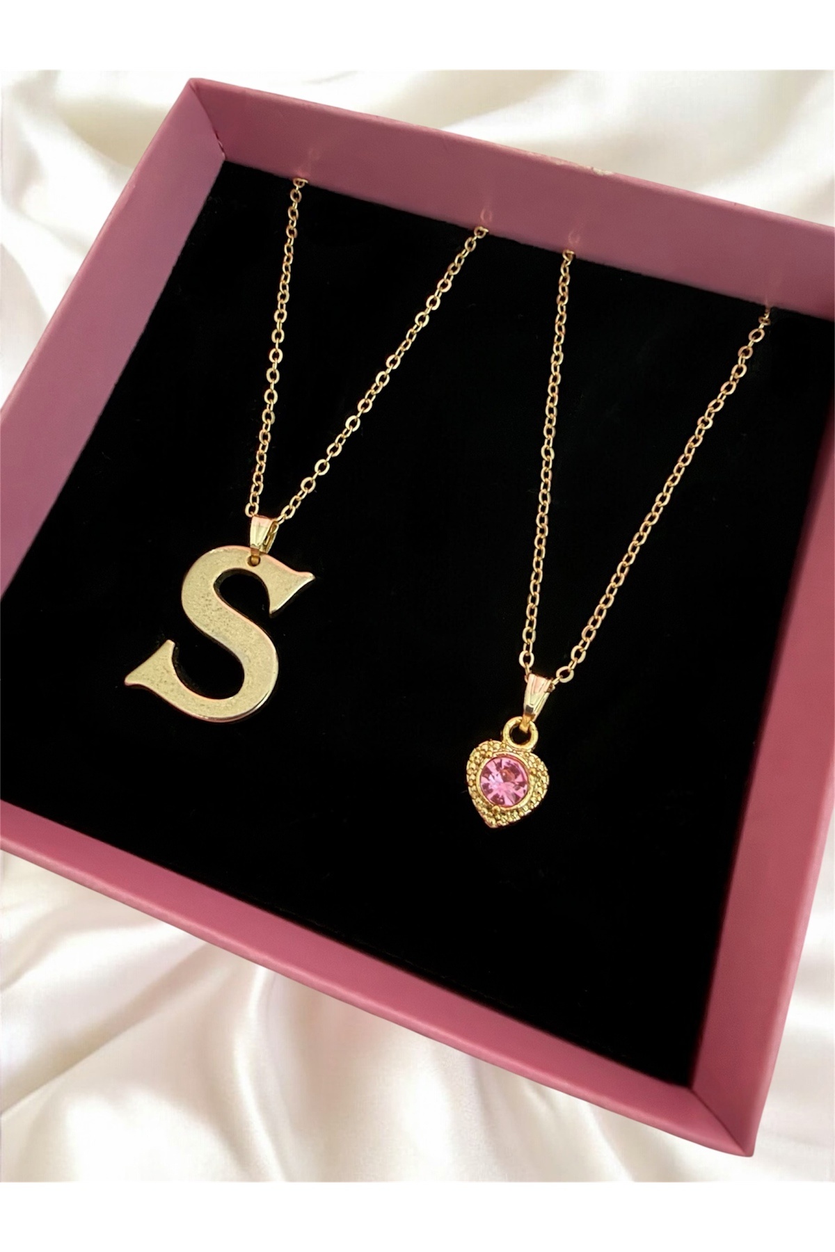 Gold Color Steel S Letter Pink Heart 2 Pieces Combination Letter Necklace