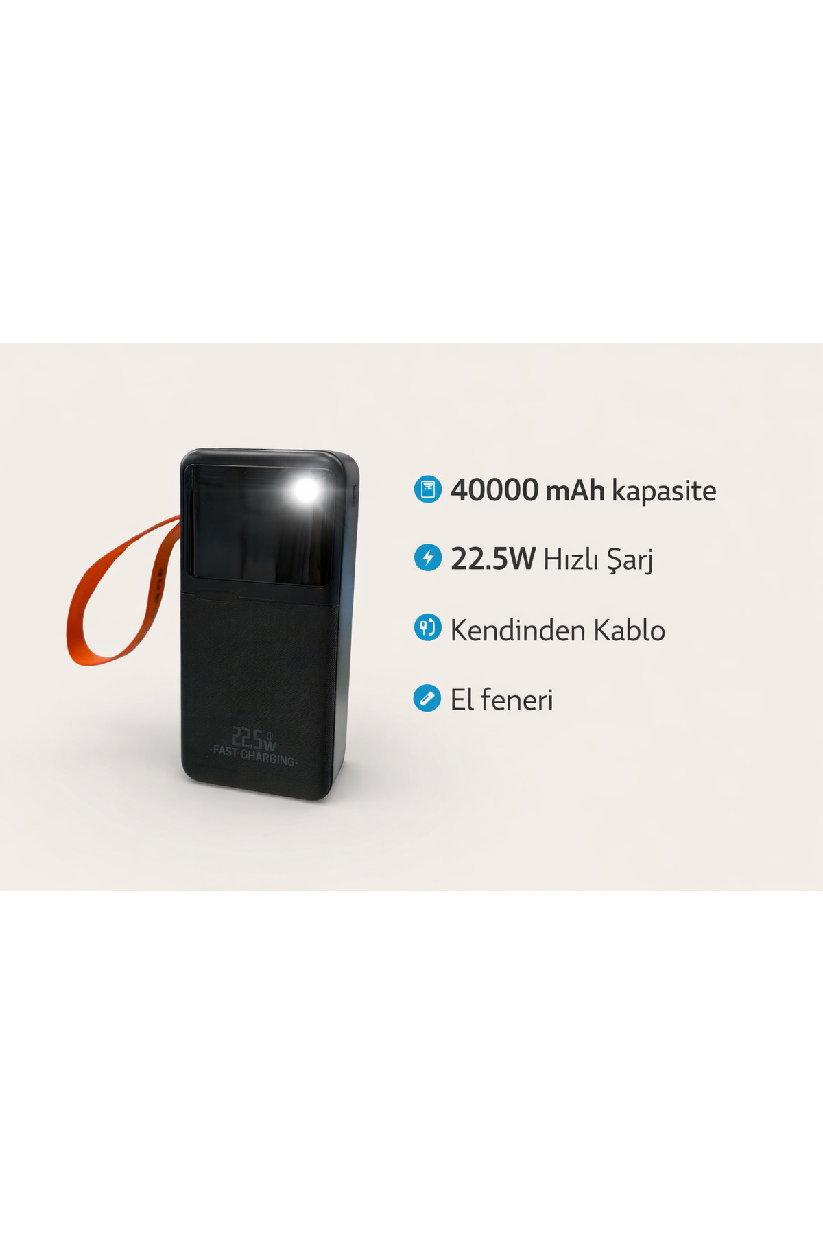 MEKTEK 40.000 mAh 22.5 W Hızlı Şarj Destekli Led Aydınlatmalı Kendinden Kablolu Powerbank - görsel 4