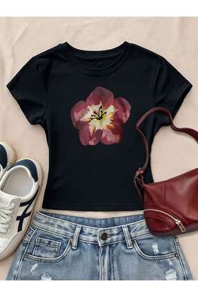 Velostra Kadın Çiçek Baskılı Basic Günlük Kullanım Dar Kesim T-Shirt