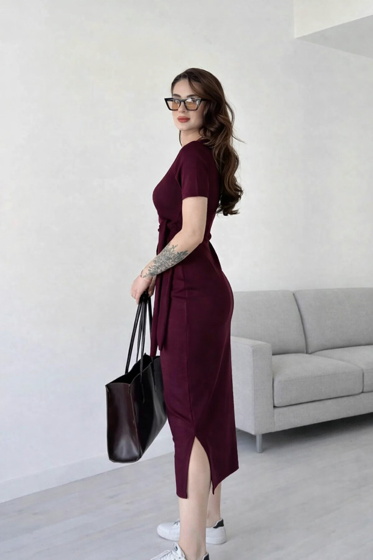 MODAF  Kadın yandan bağlamalı yırtmaç detaylı elbise - Görsel 3