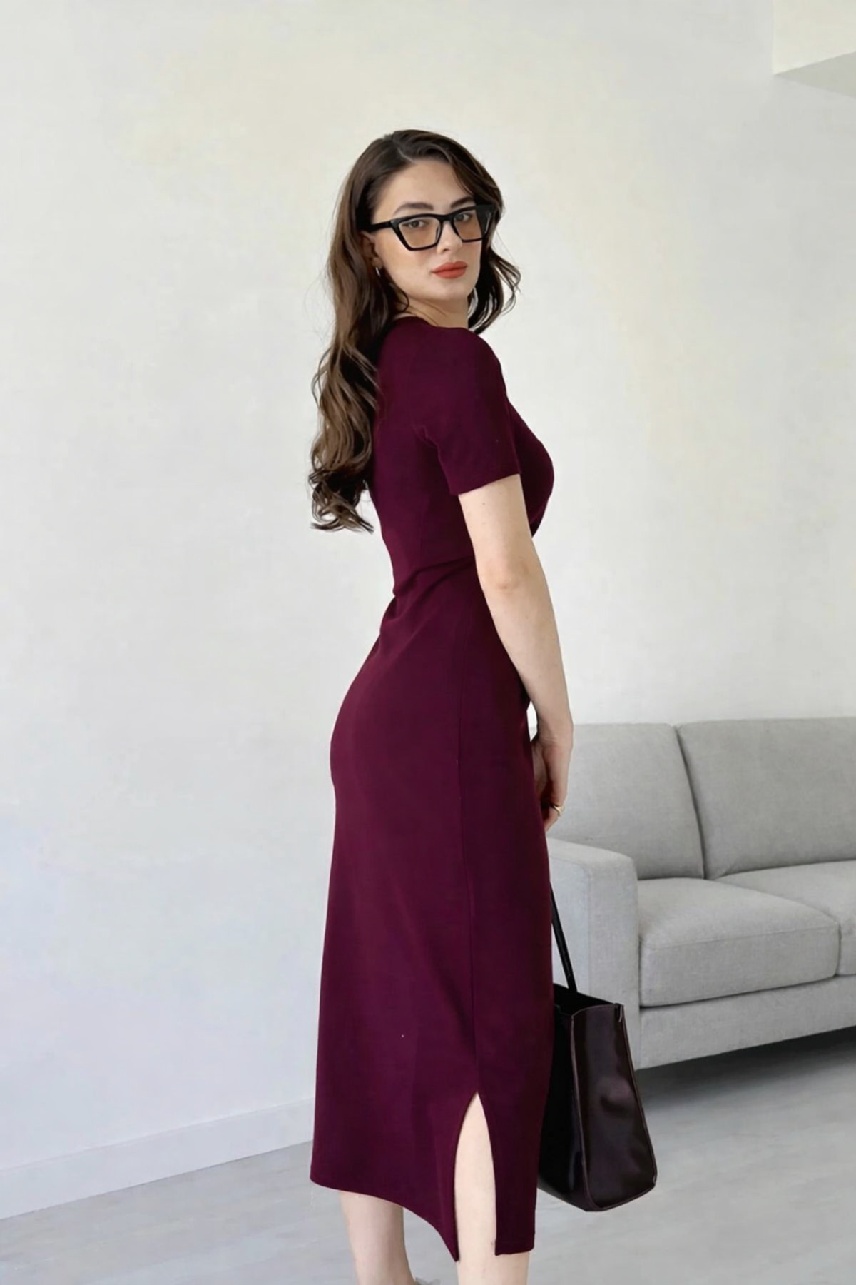 MODAF  Kadın yandan bağlamalı yırtmaç detaylı elbise - Görsel 2