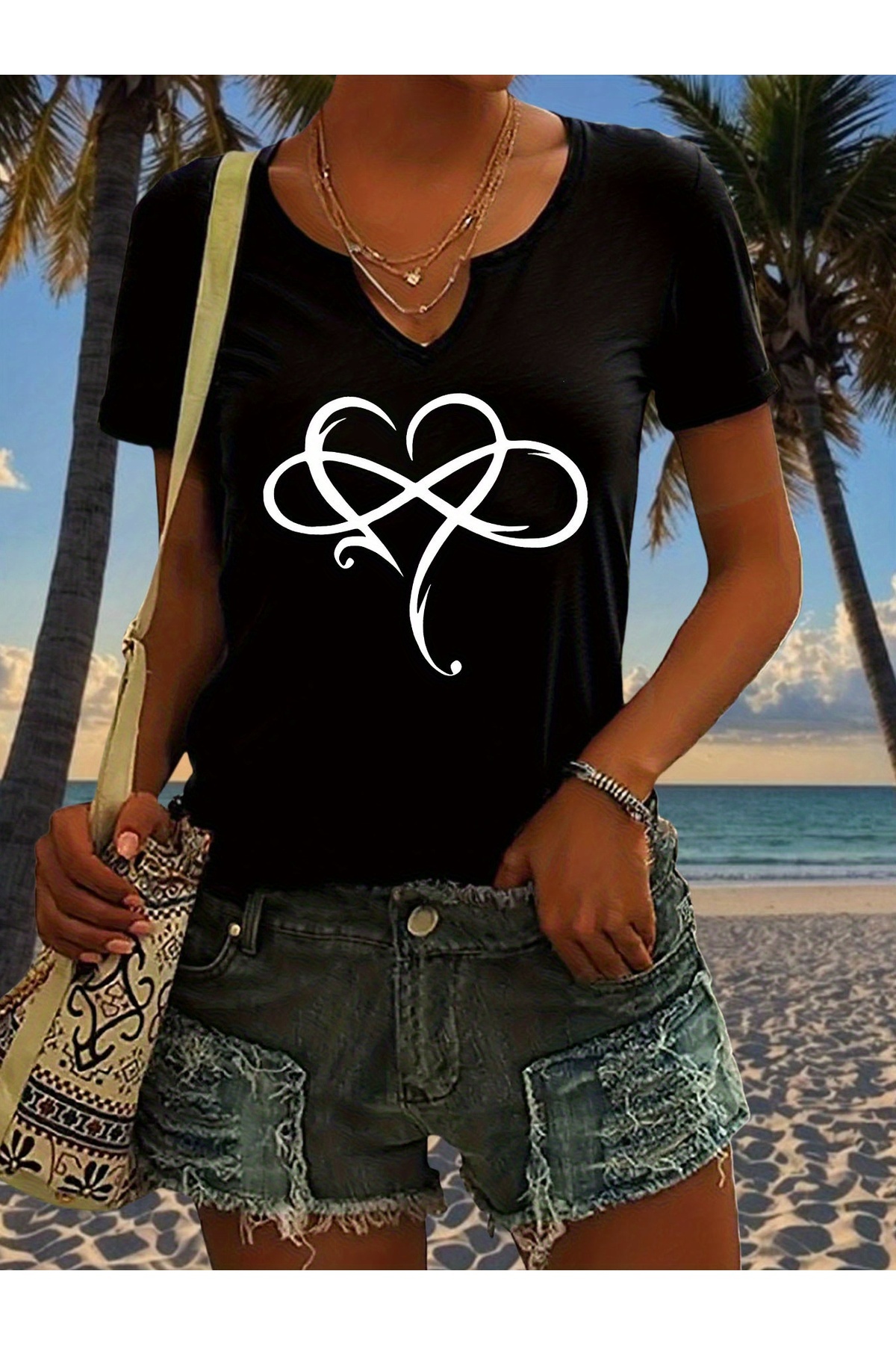 Half V-Neck Floral Heart Printed Full Fit Regular Fit T-shirt