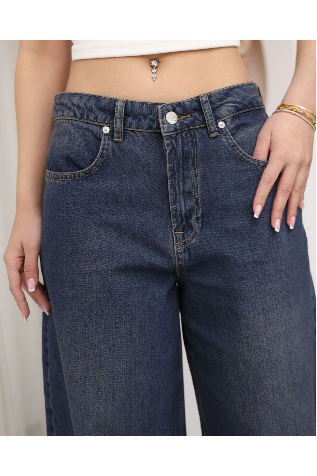 Kadın Lacivert Düşük Bel Geniş Paça Baggy Jean Pantolon Skater Model Bol Kalıp Likrasız Denim
