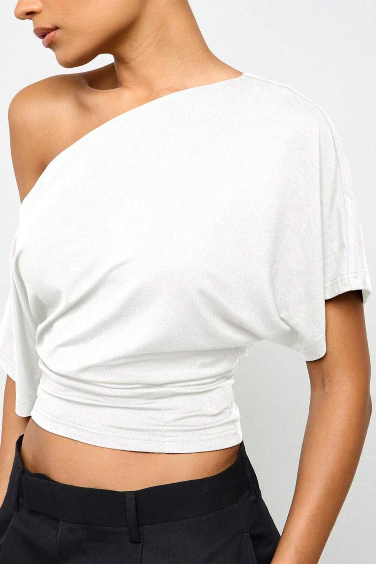 ecemore  Bele Oturan Kayık Yaka Geniş Kollu Doğal Viskon Bluz - Görsel 2