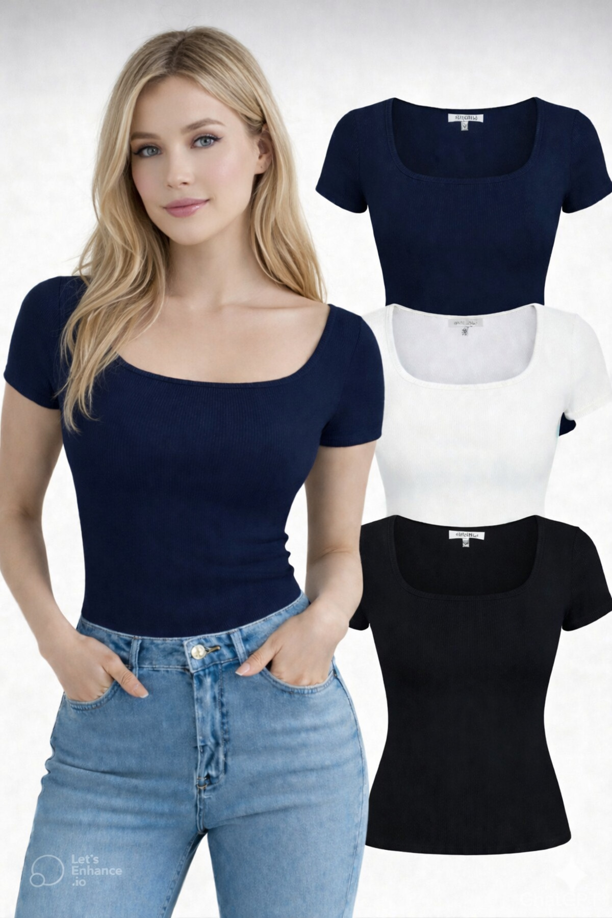 NERTH STYLE  3'lü Set U Yaka Kısa Kollu Fitilli Pamuk Bluz T-shirt