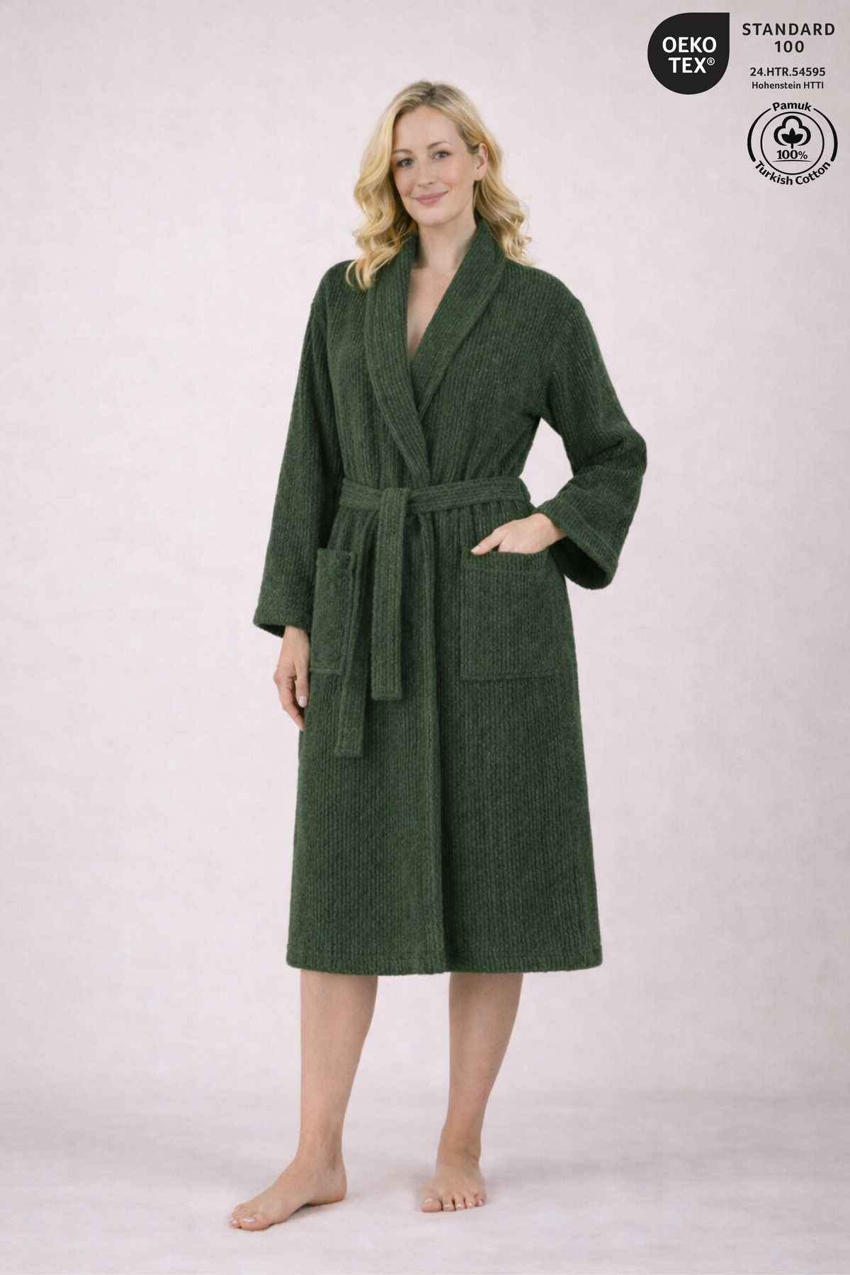 Striped Women's Bathrobe 100% Cotton Certified 1 Piece, Robe / Shawl Bathrobe Dark Green