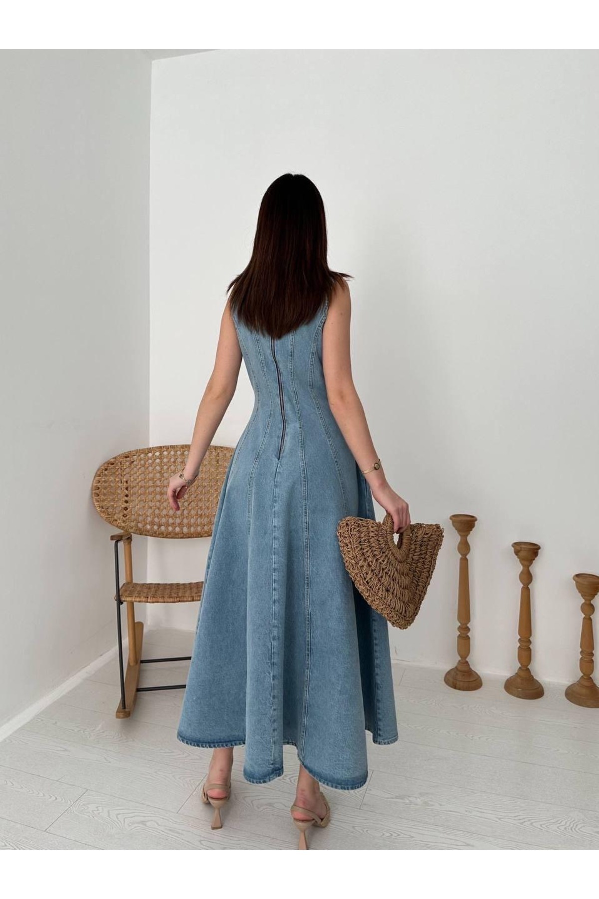 Ekim Store  Kalın Askılı Balon Etek Kot Elbise - Görsel 4