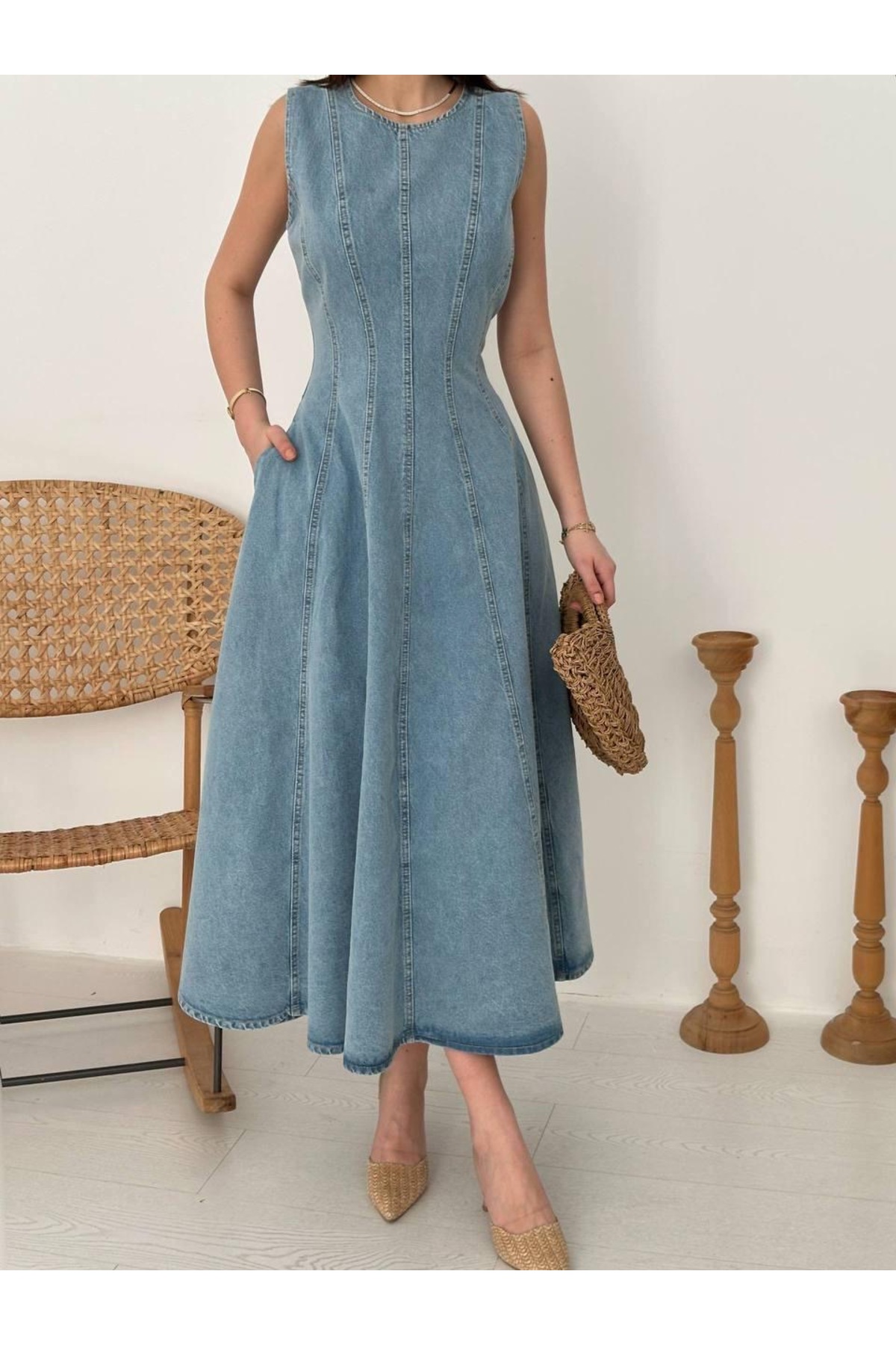 Ekim Store  Kalın Askılı Balon Etek Kot Elbise - Görsel 2