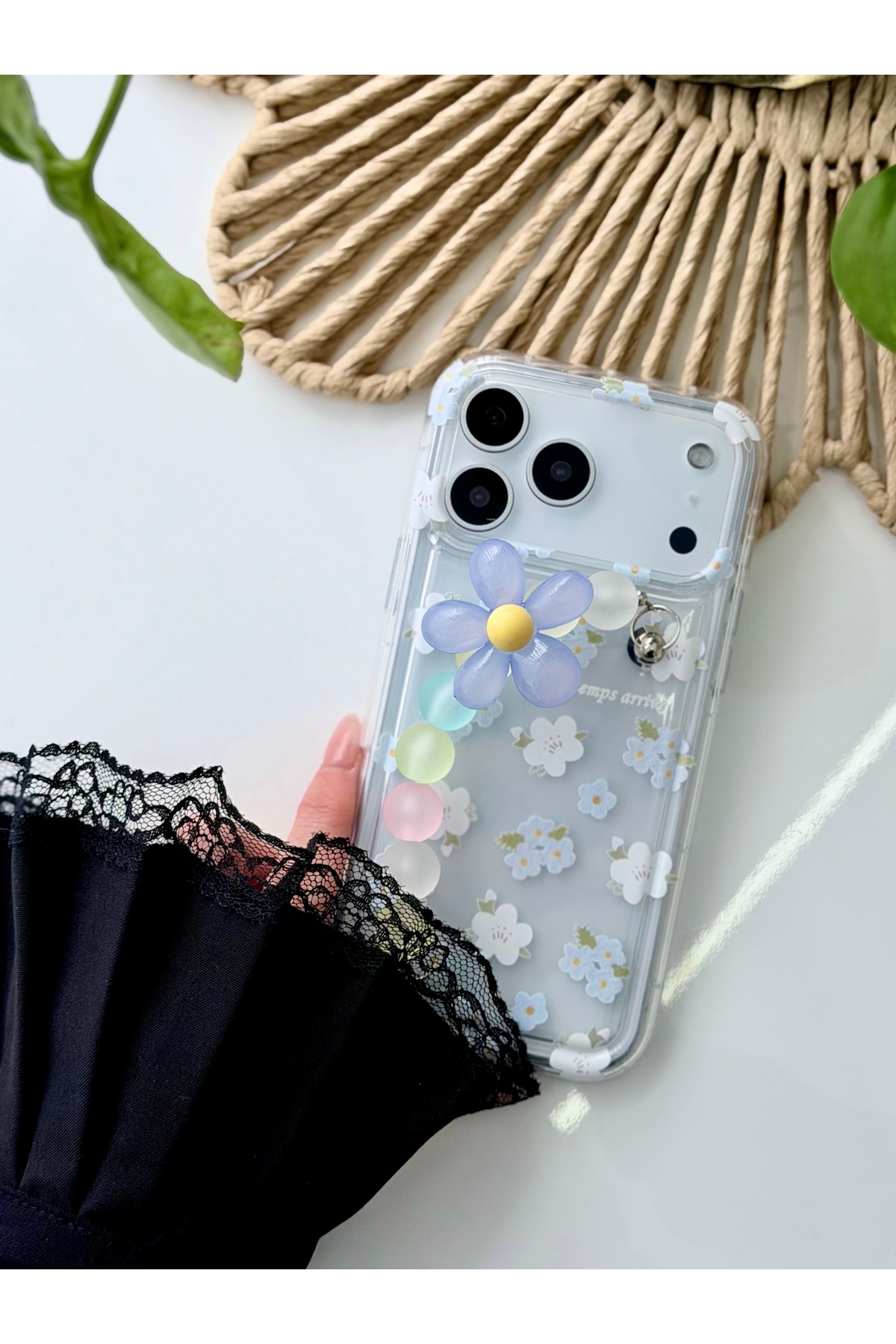 Iphone 17 Promax Compatible Flexible Silicone Case with Blue Flower Design Toy with Holder