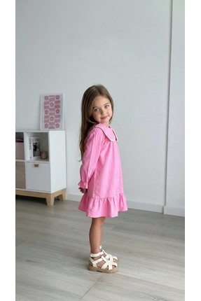 PİNİ CO Kız Çocuk Pembe Bebe Yaka Piko Nakışlı Keten Karışımlı Fırfırlı Elbis...