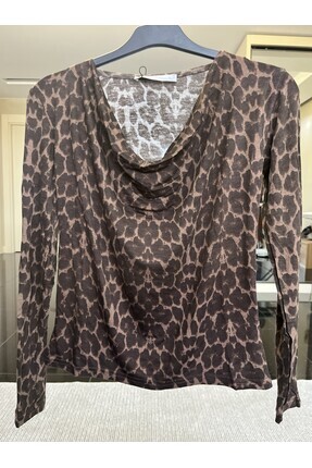 Flexi Kadın Leopar Desen Degaje Yaka Uzun Kollu Body/Bluz