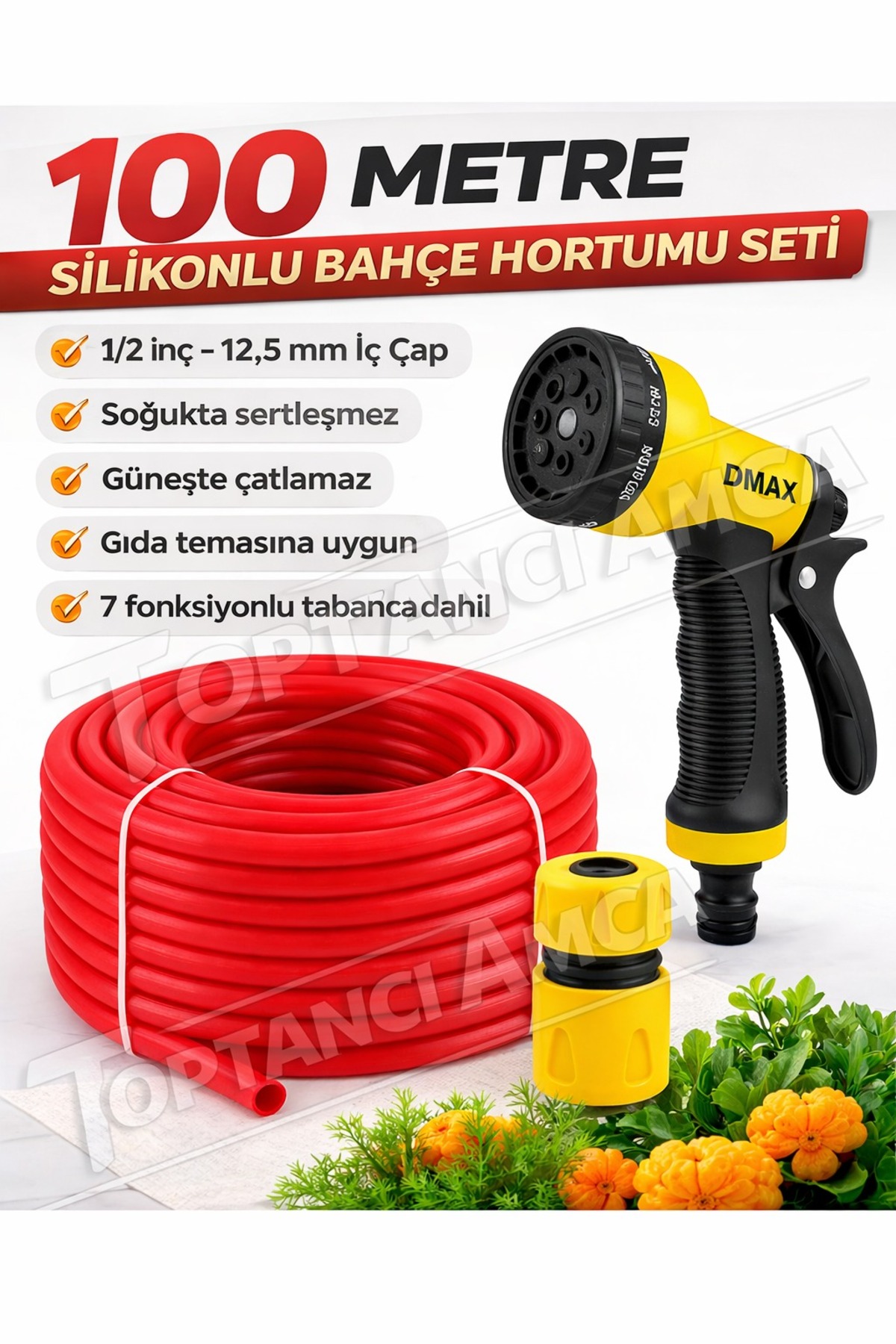 Toptancı Amca Silikonlu Kırılmaz Bahçe Hortumu + Ayarlı Fıskiye Tabancası Seti – 100 Metre | 1/2 inç