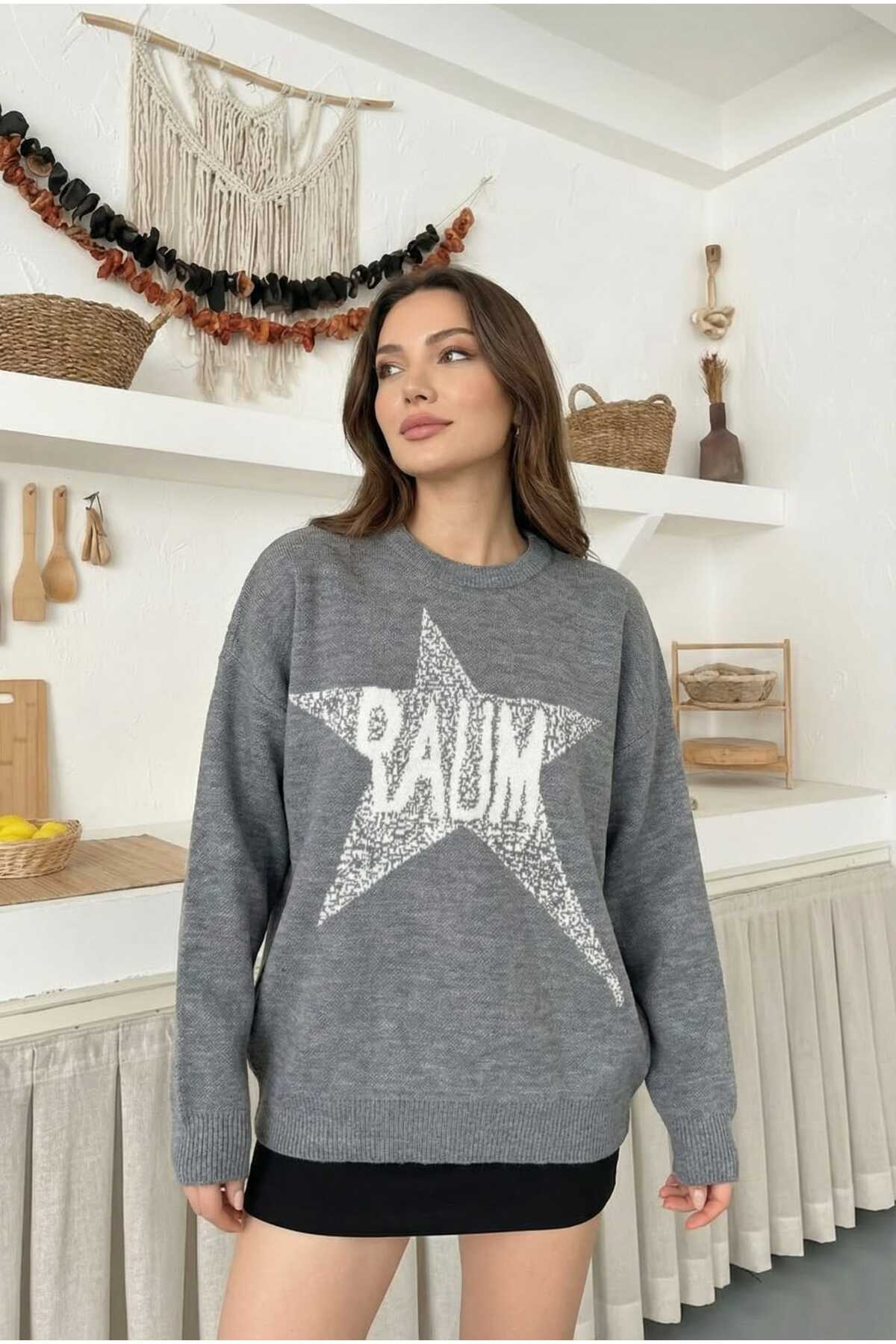 KNİTİCAL TEXTILE Women's STAR Oversized Knitwear Sweater - Soft Textured Crew Neck dear konbin