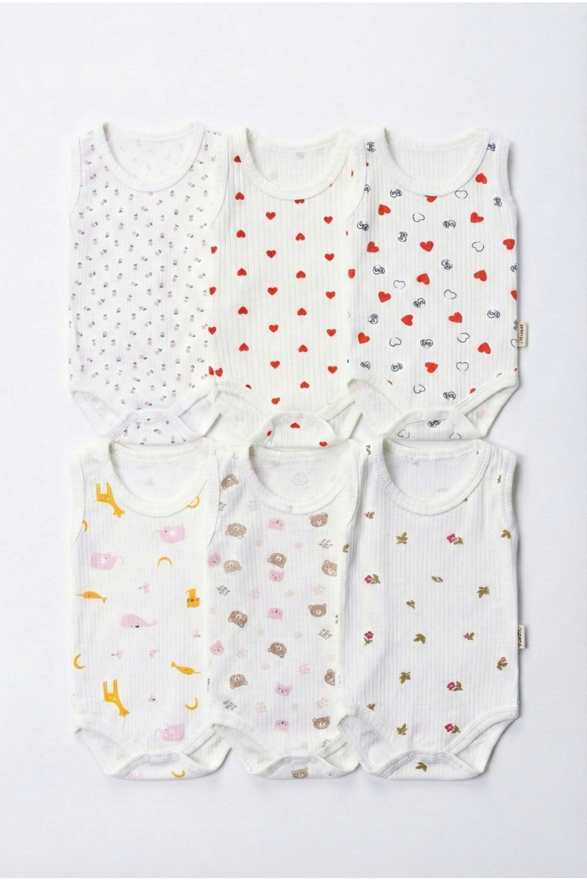 Noone 6'lı Çok Desenli Fitilli Pamuklu Bebek Askılı Badi Seti Atlet Zıbın fotoğrafı 5 (önizleme)